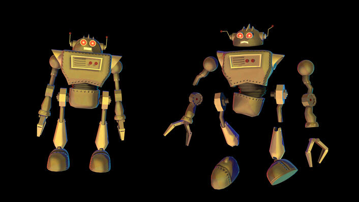 This toy robot model was made by me. Used in multiple cases such as mixed reality set-dressing and in an animated sequence in chapter 4.